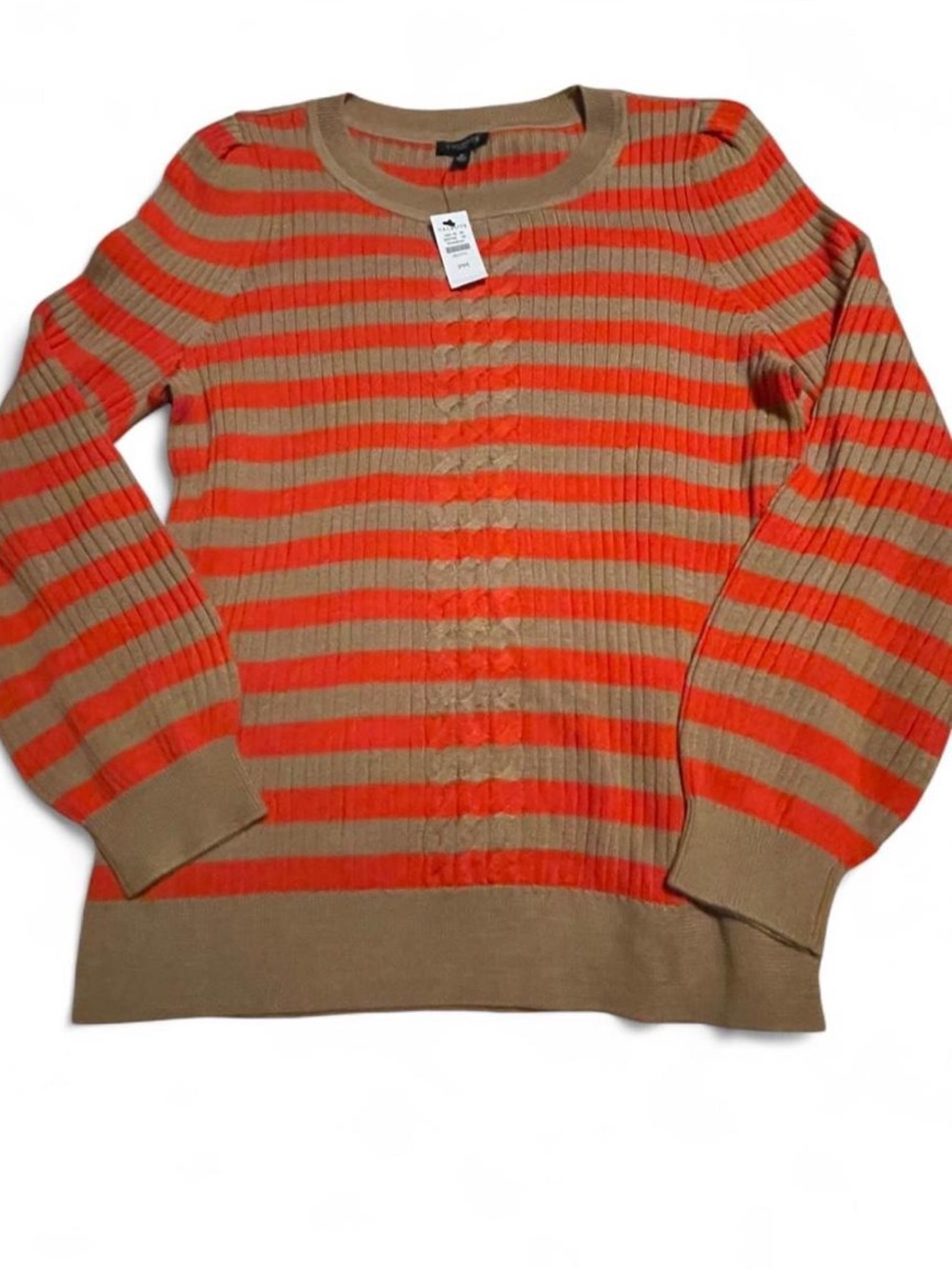 NWT Talbots Cable Knit Striped Sweater Bright Orange & Beige Size: M Petite - Picture 2 of 7